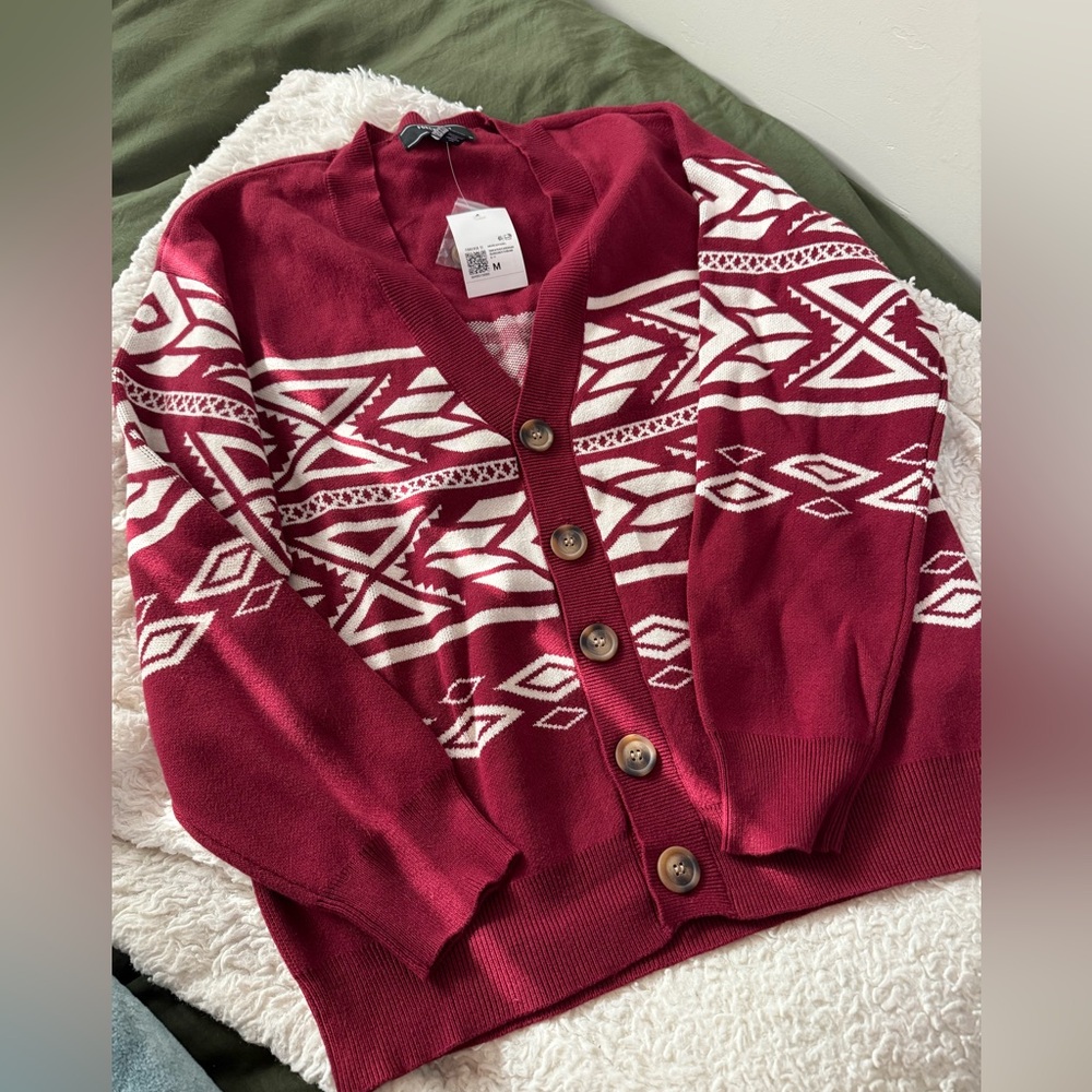 Men’s Red Geometric Print Cardigan